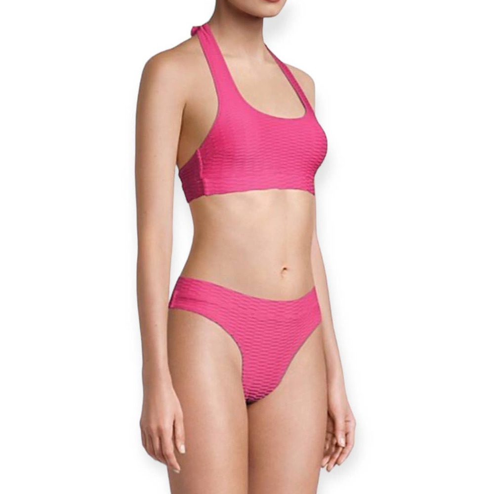 Solid & Striped The Reagan Ribbed Halterneck Bikini Top & Bottom Set Hot Pink XL